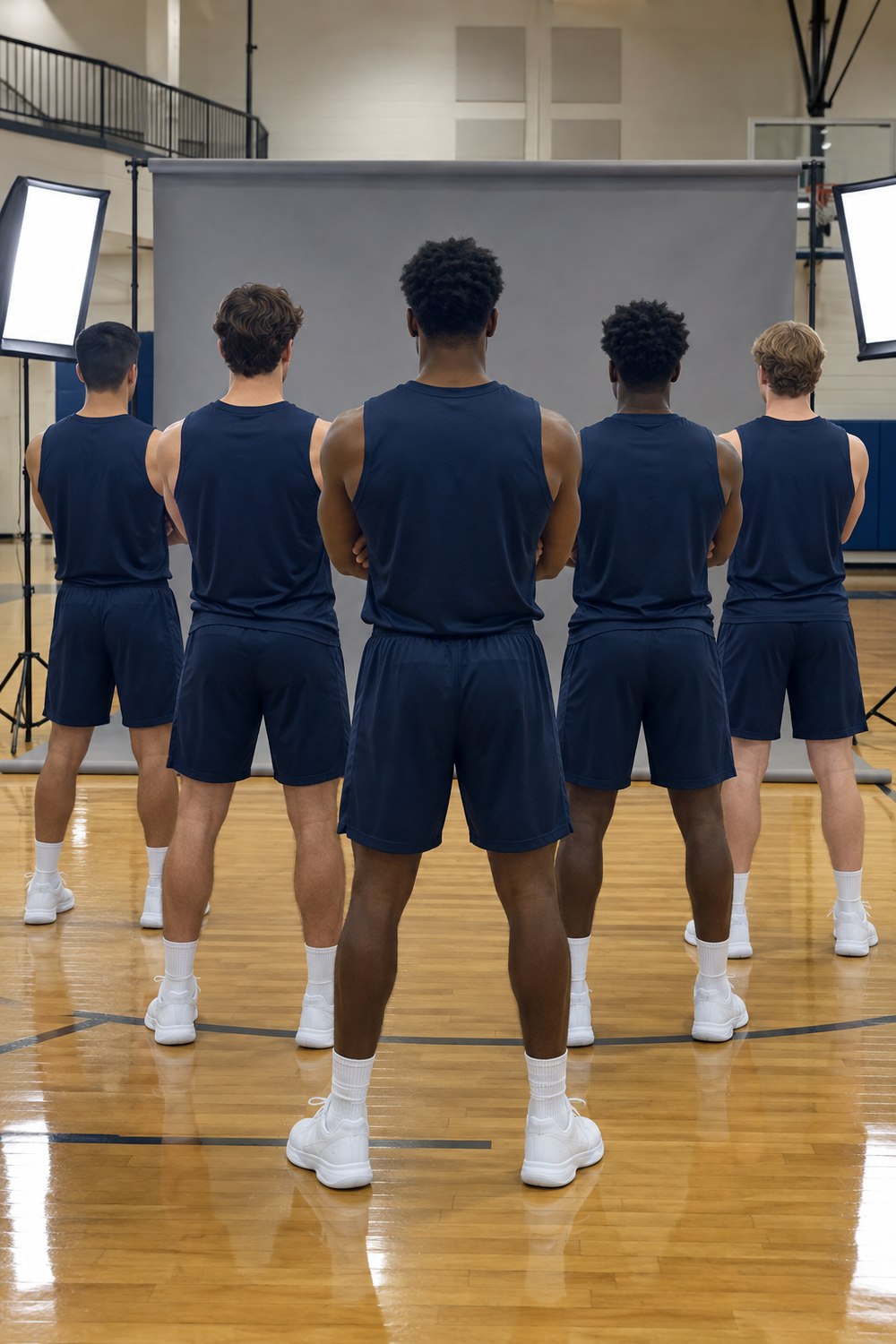 Five basketball players seen from behind in a V formation with arms crossed facing a grey backdrop