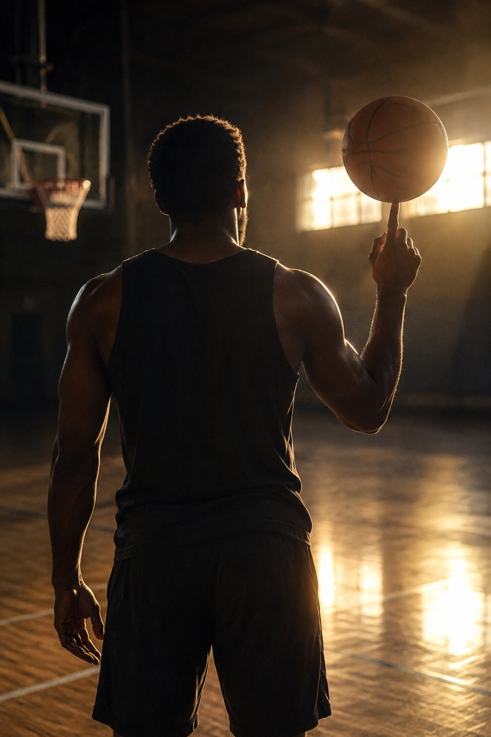 Back-lit basketball player seen from behind spinning a ball on one finger in a dark gym