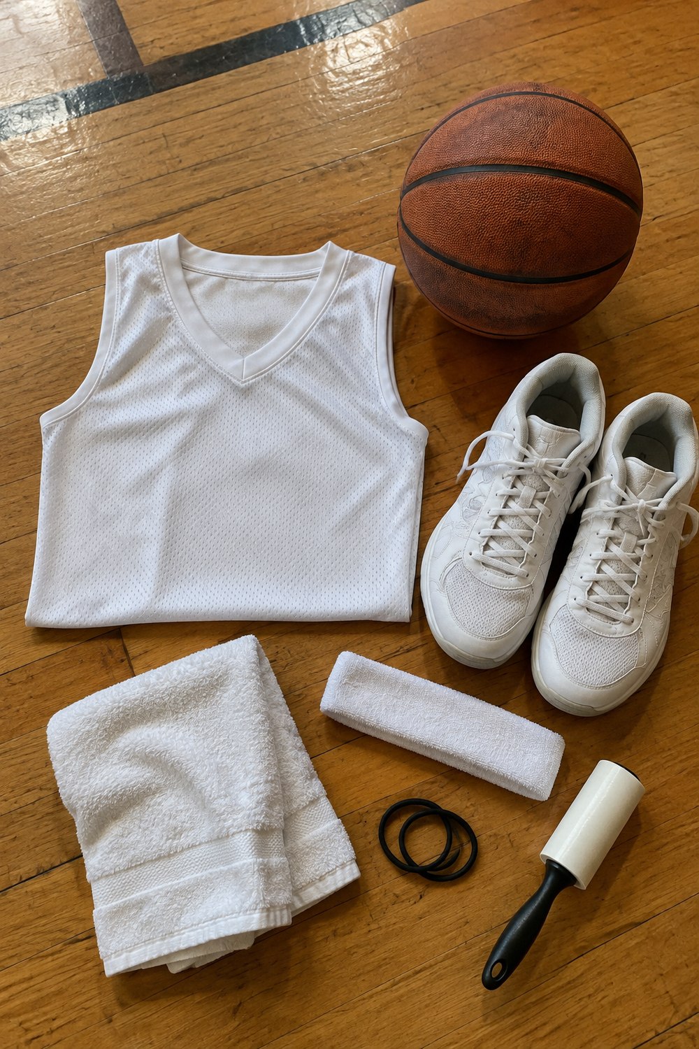 Media day kit flat lay: plain white jersey, basketball, white shoes, headband, hair ties, towel and lint roller