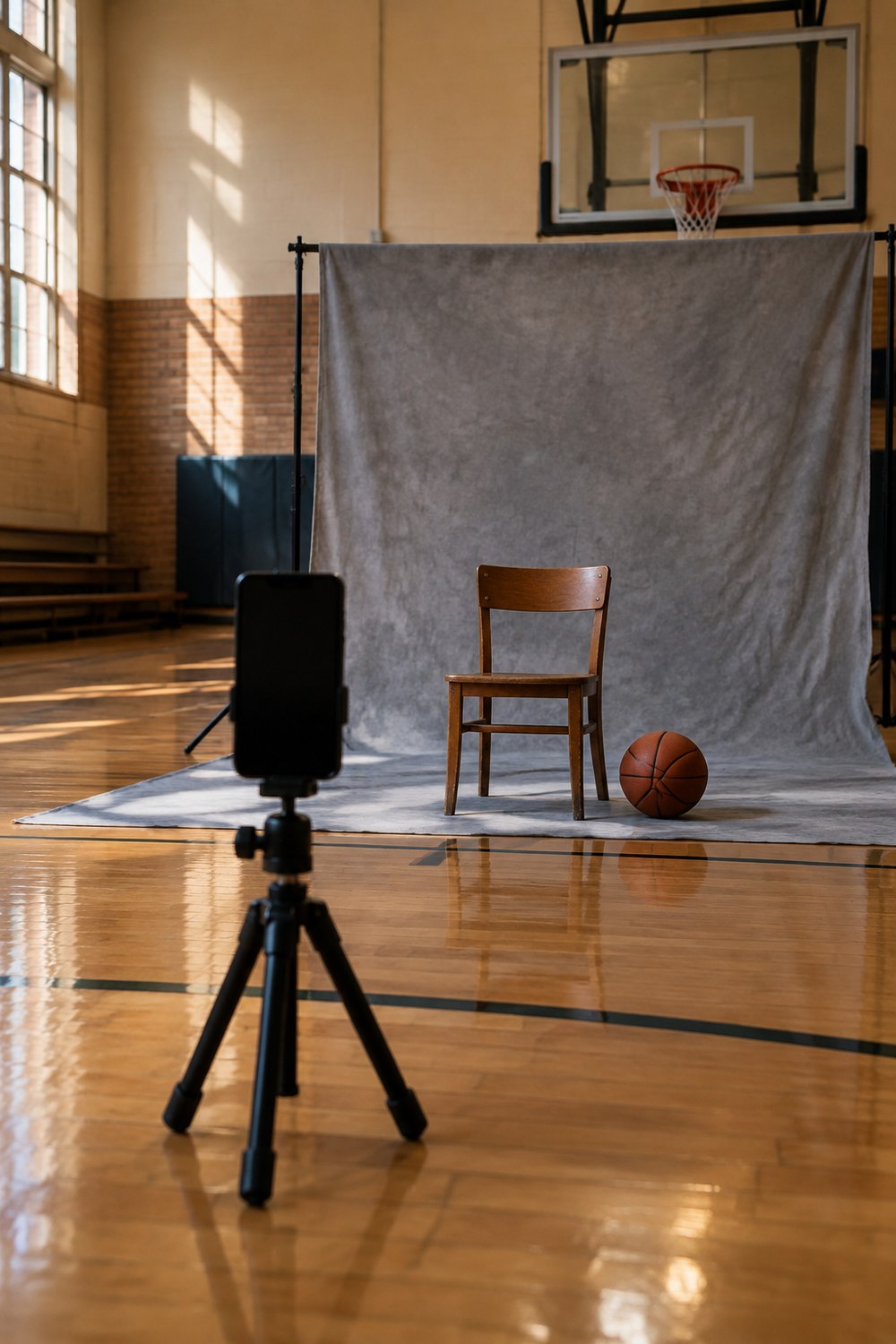 Phone on a small tripod aimed at a grey backdrop with a chair and basketball in an empty gym