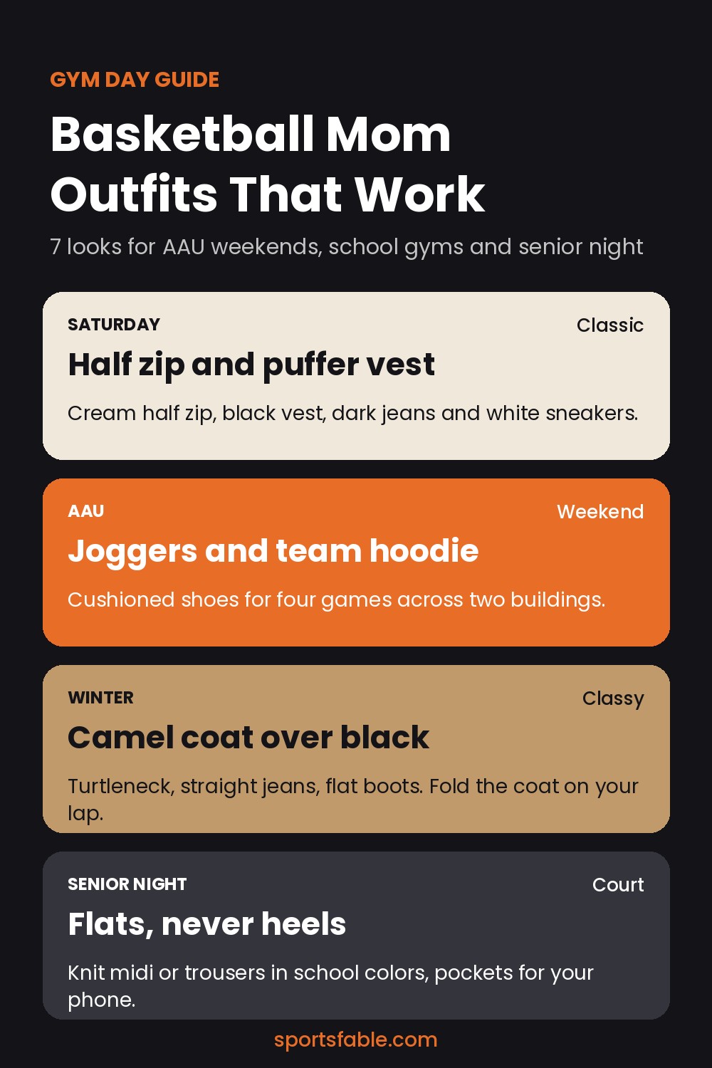Graphic of four basketball mom outfit tips: half zip and vest, AAU joggers, a camel coat and senior night flats