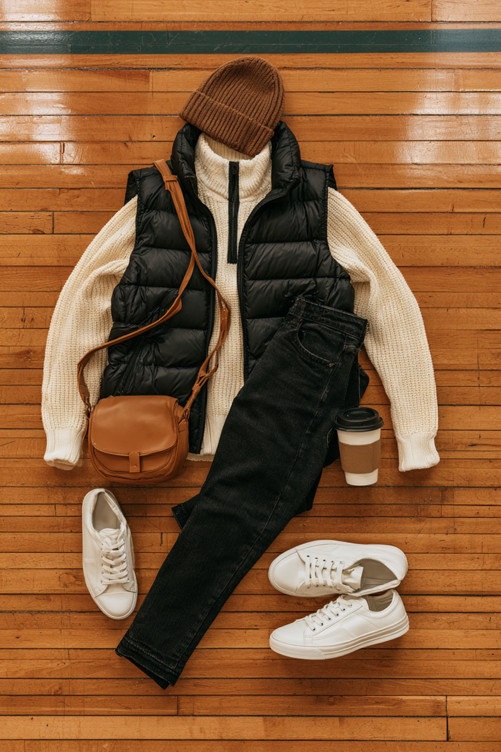 Another flat lay on a hardwood court of a black puffer vest, cream half-zip, dark jeans, white sneakers and a tan crossbody bag