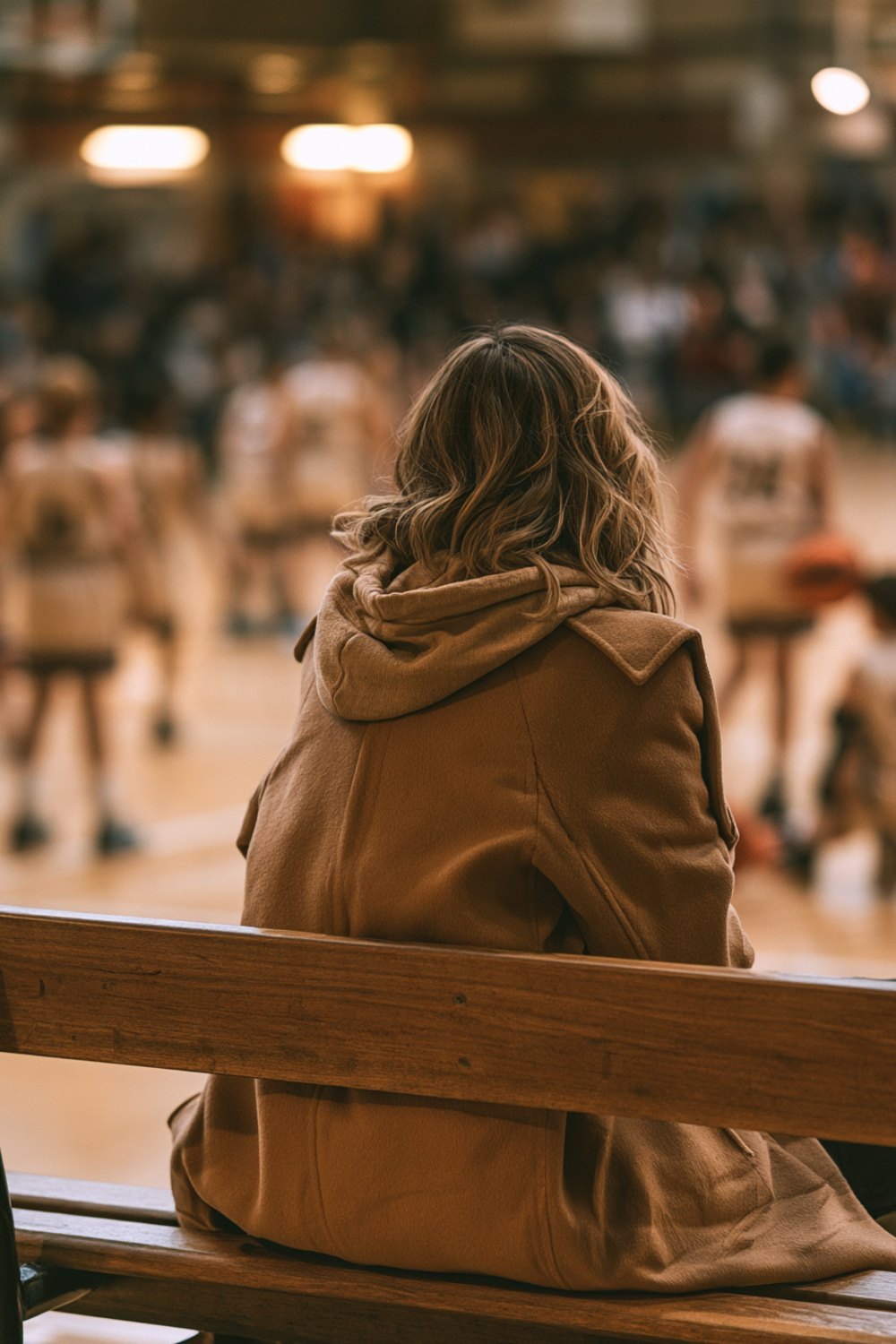 Woman in a camel hooded coat seen from behind on wooden gym bleachers during a youth basketball game, another angle