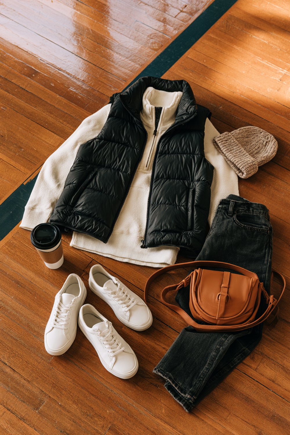 Another flat lay on a hardwood court of a black puffer vest, cream half-zip, dark jeans, white sneakers and a tan crossbody bag