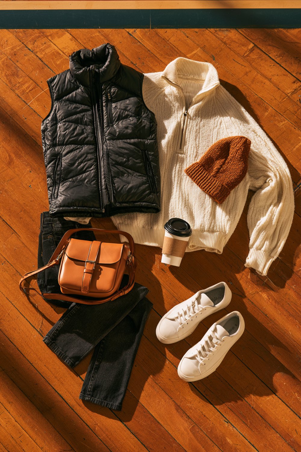 Another flat lay on a hardwood court of a black puffer vest, cream half-zip, dark jeans, white sneakers and a tan crossbody bag