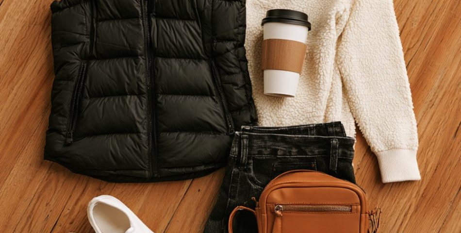 Flat lay on a hardwood court of a black puffer vest, cream half-zip, dark jeans, white sneakers and a tan crossbody bag