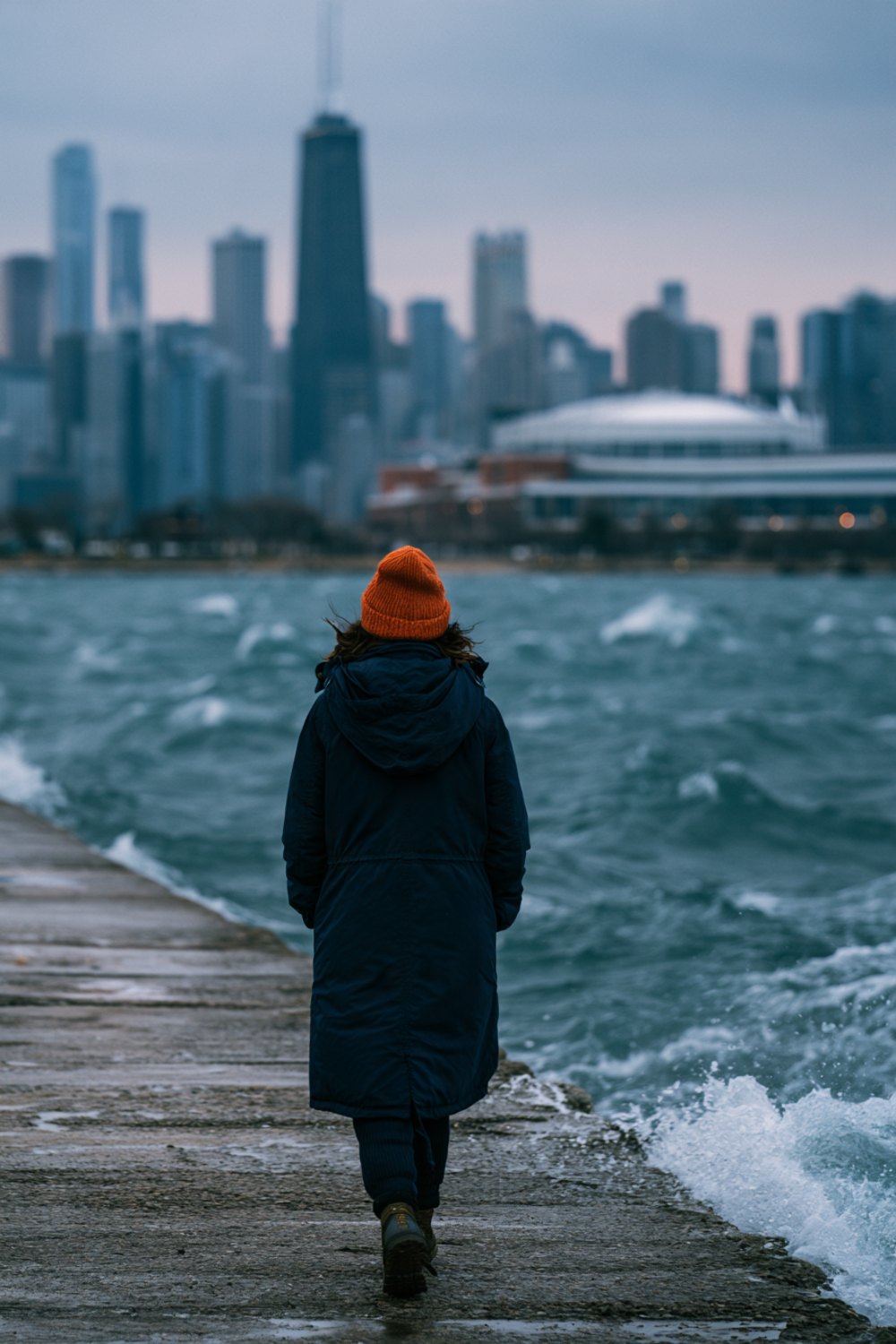 Person in a navy parka and orange beanie seen from behind on a windy lakefront path facing a city skyline