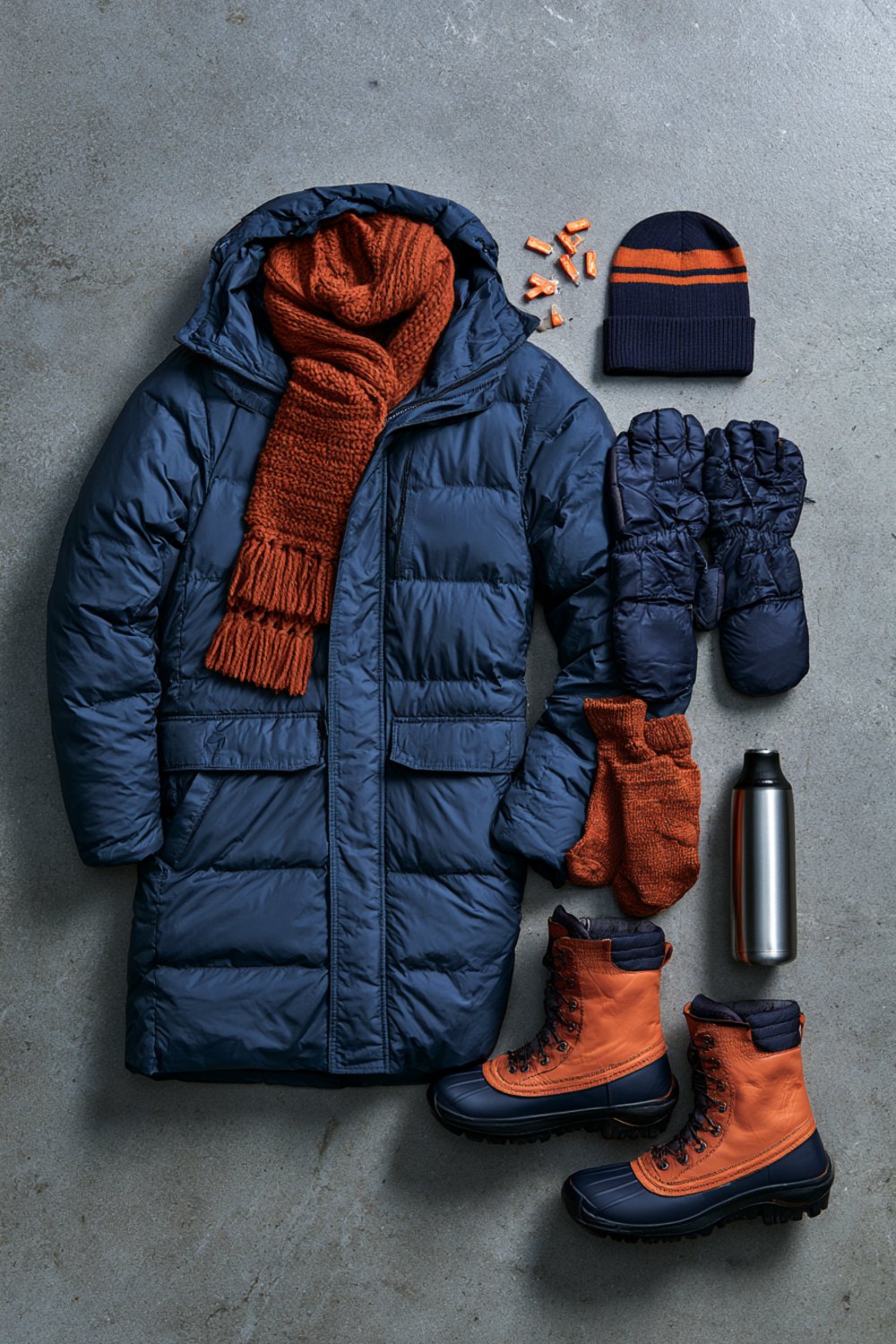 Another flat lay on grey concrete of a navy puffer parka, burnt orange scarf, navy beanie, gloves, boots and a thermos