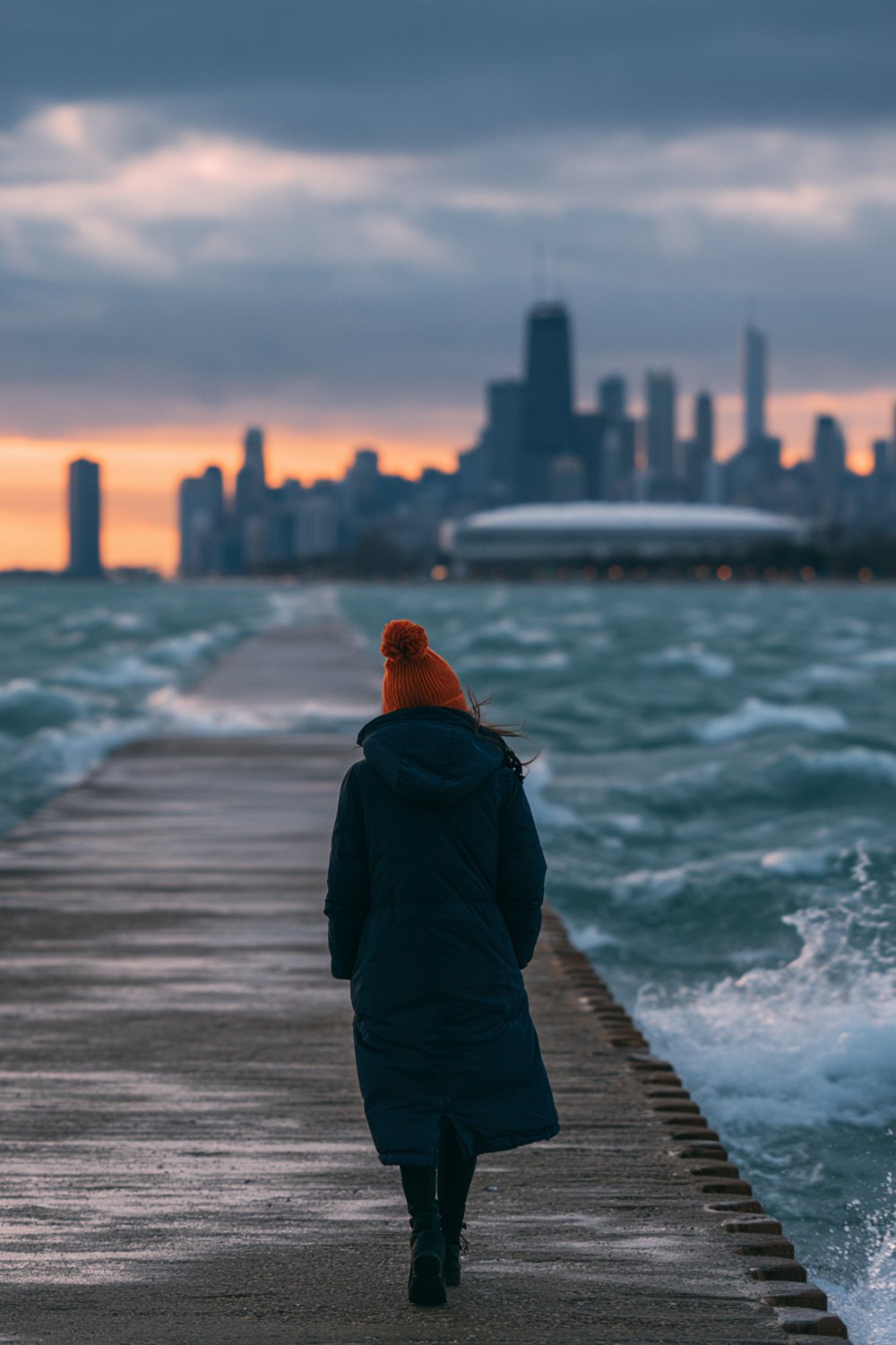 Person in a navy parka and orange beanie seen from behind on a windy lakefront path facing a city skyline, another angle