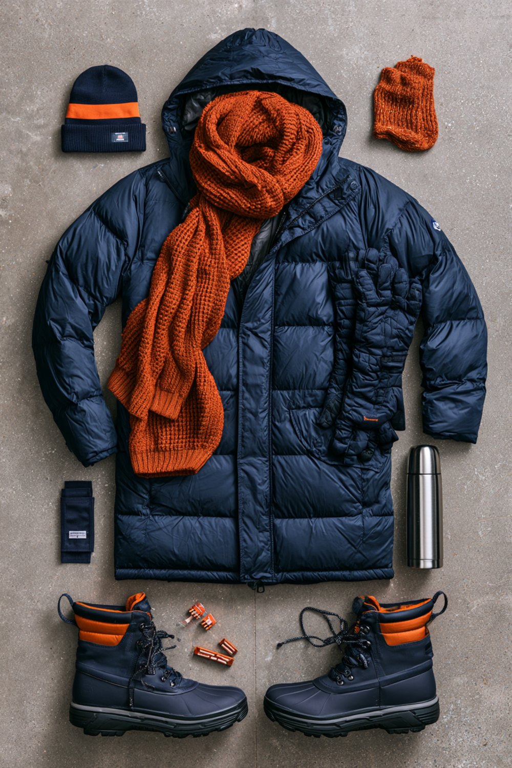 Another flat lay on grey concrete of a navy puffer parka, burnt orange scarf, navy beanie, gloves, boots and a thermos