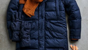 Flat lay on grey concrete of a navy puffer parka, burnt orange scarf, navy beanie, gloves, boots and a thermos