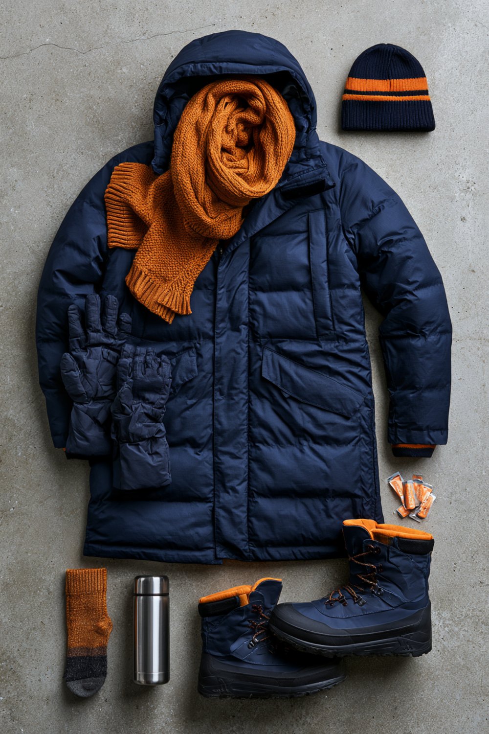 Flat lay on grey concrete of a navy puffer parka, burnt orange scarf, navy beanie, gloves, boots and a thermos