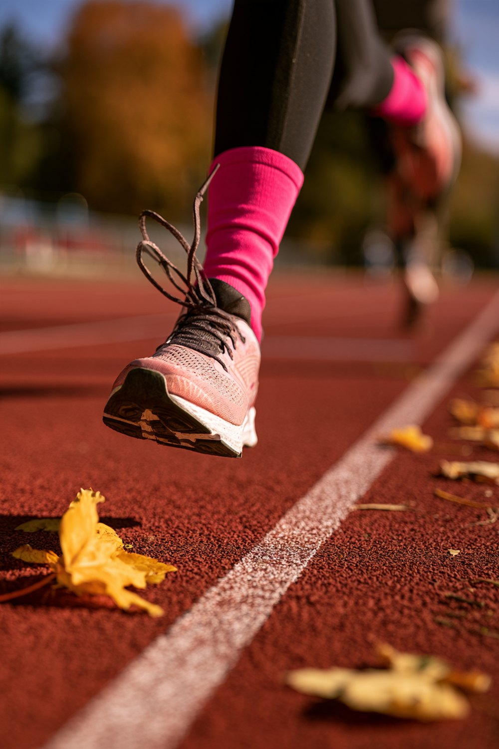 Close-up of a runner in pink socks and running shoes on a red track with autumn leaves