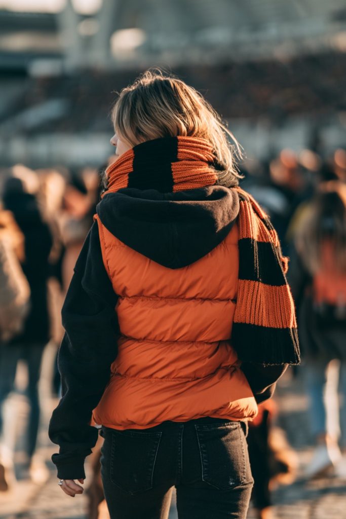 Fan seen from behind in an orange puffer vest, black hoodie and striped orange and black scarf in a game day crowd
