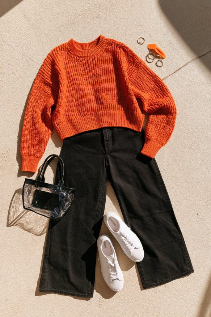 Orange sweater and black jeans laid out with a clear tote and white sneakers for a Bengals game