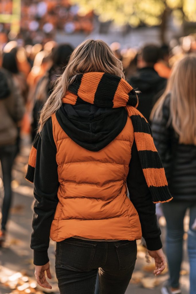 Woman seen from behind in an orange vest and striped scarf walking toward the stadium