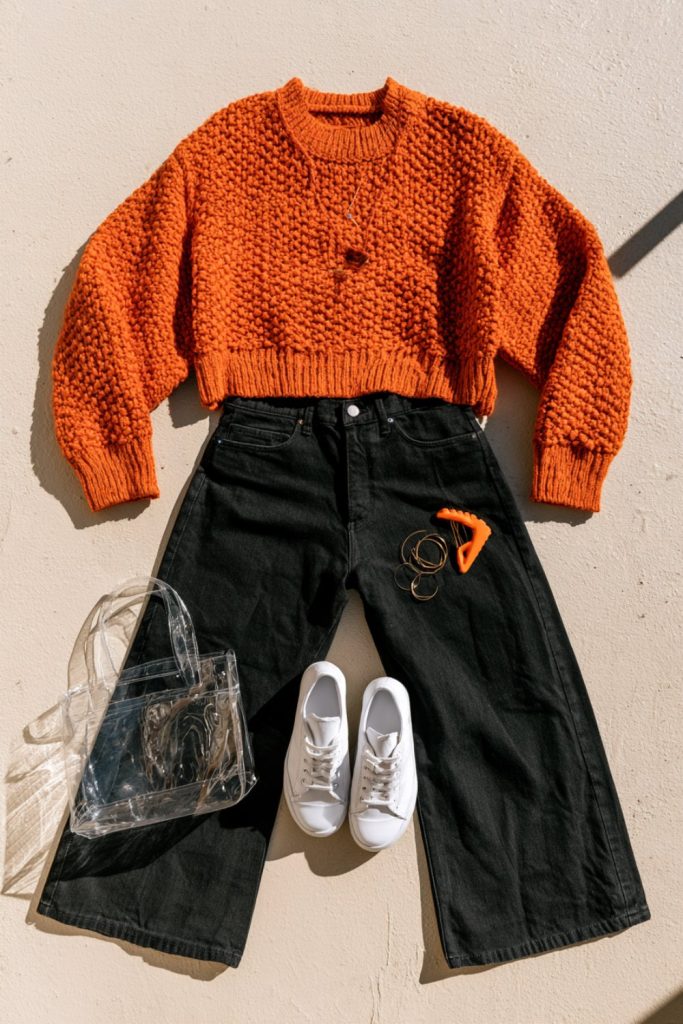 Cropped orange knit with black wide-leg jeans, clear bag and white sneakers on concrete