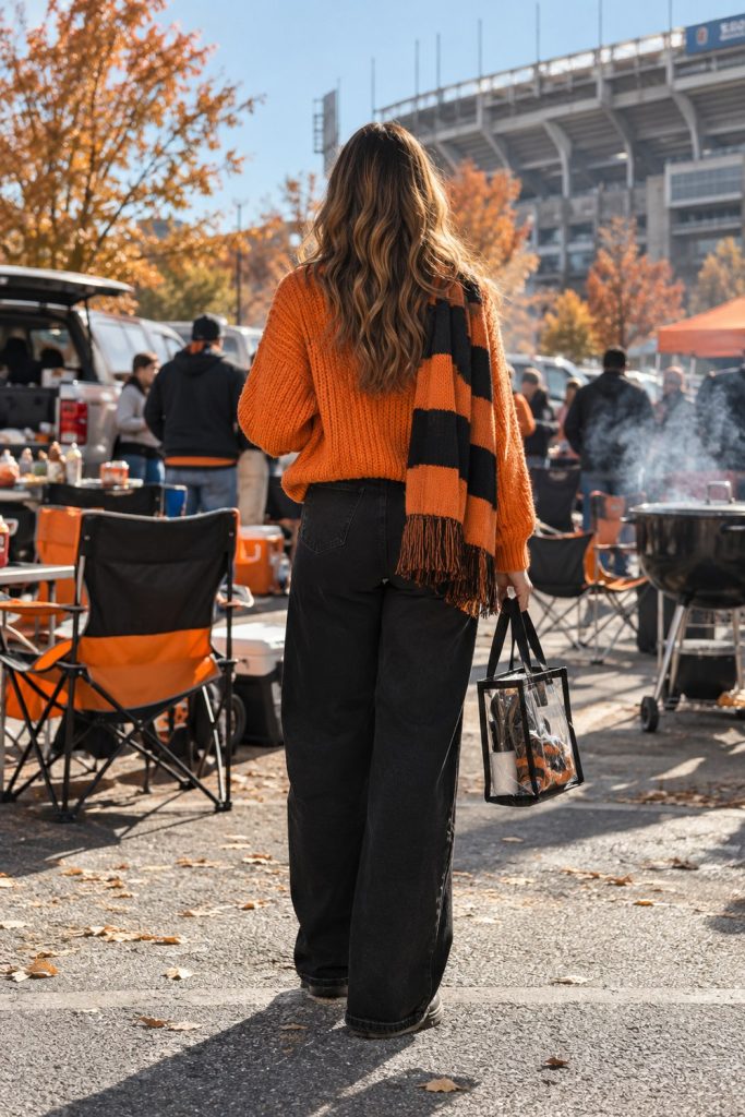 Woman seen from behind at a tailgate in an orange knit sweater and black jeans with a clear tote