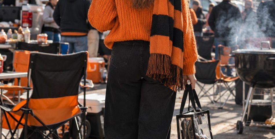 Woman seen from behind at a tailgate in an orange knit sweater and black jeans with a clear tote