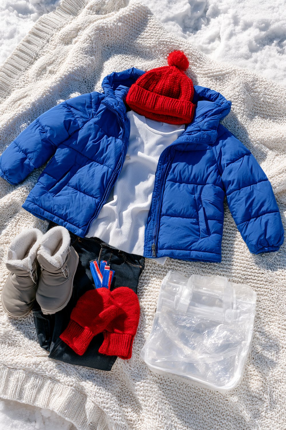 Royal blue hooded puffer laid flat with a red pom beanie, red mittens, jeans and a clear zip bag