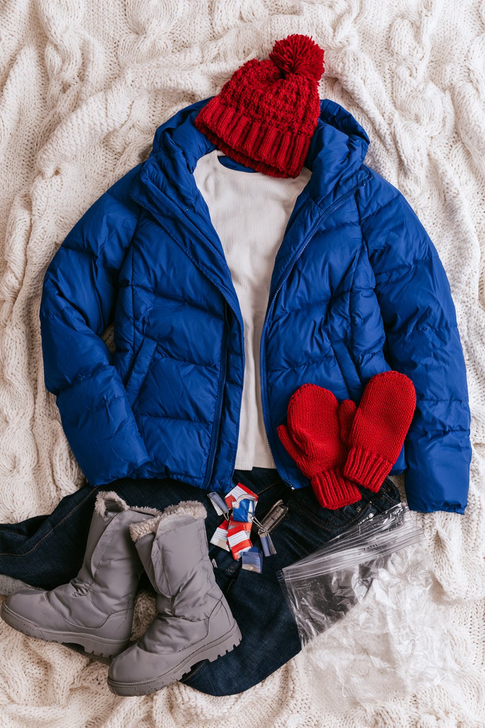 Blue puffer, red beanie and insulated boots arranged with hand warmers for a snowy football game