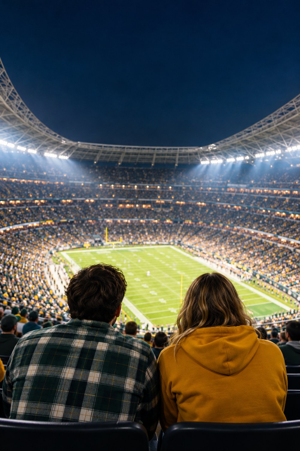Two fans seen from behind in the upper deck at a night bowl game, one in a green plaid flannel overshirt and one in a gold hoodie