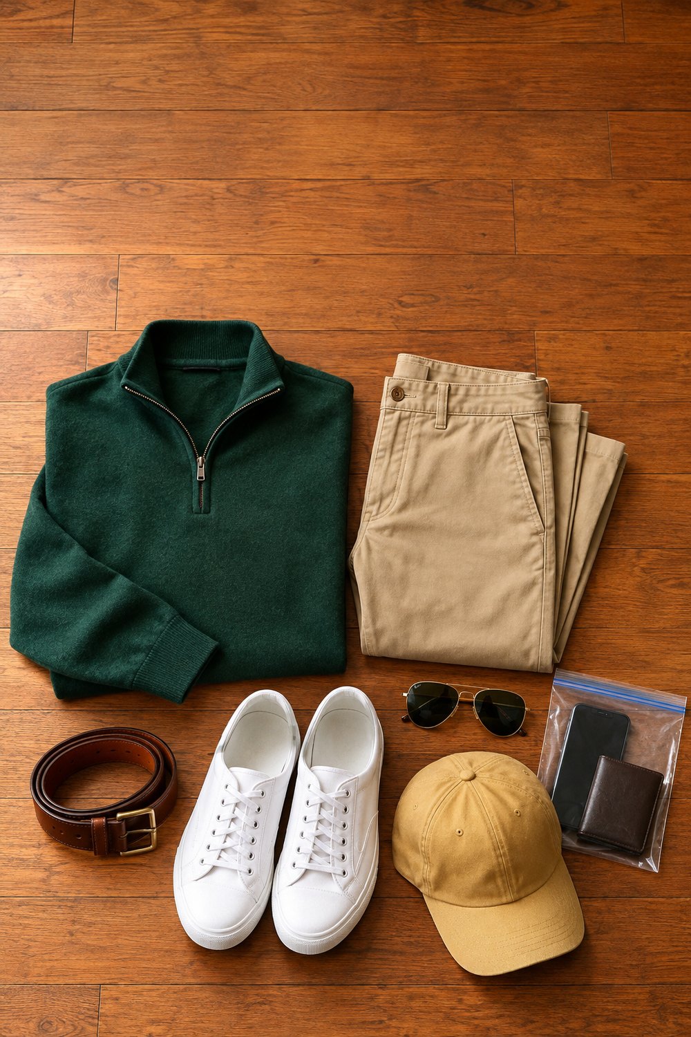 Men's bowl game outfit flat lay with a green quarter-zip, khaki chinos, brown belt, white sneakers, plain cap and clear gallon bag