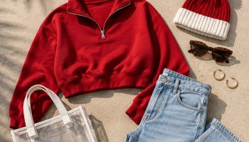 Bowl game outfit flat lay with a red cropped quarter-zip, light-wash jeans, white sneakers, clear stadium tote and red and white beanie
