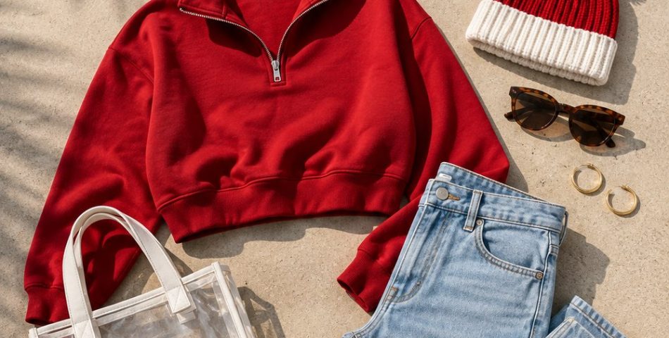 Bowl game outfit flat lay with a red cropped quarter-zip, light-wash jeans, white sneakers, clear stadium tote and red and white beanie