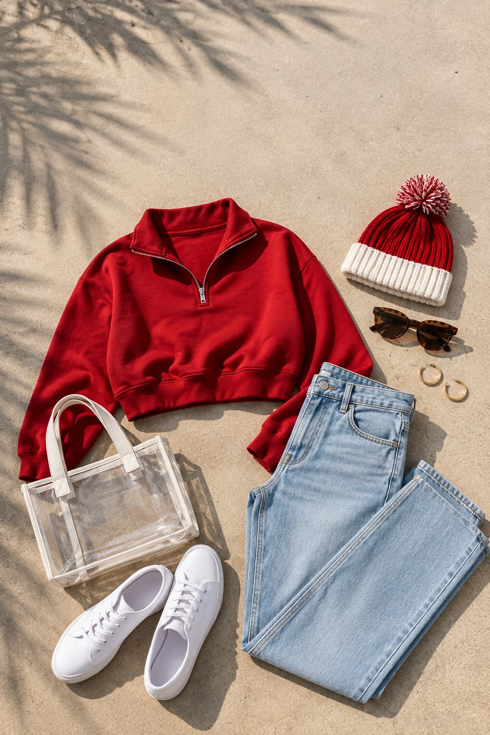 Bowl game outfit flat lay with a red cropped quarter-zip, light-wash jeans, white sneakers, clear stadium tote and red and white beanie