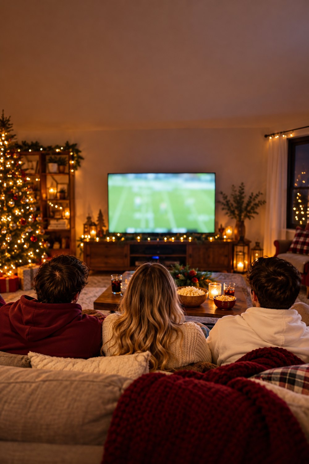 Friends seen from behind on a sofa at a bowl game watch party in maroon and cream hoodies and sweaters with holiday lights
