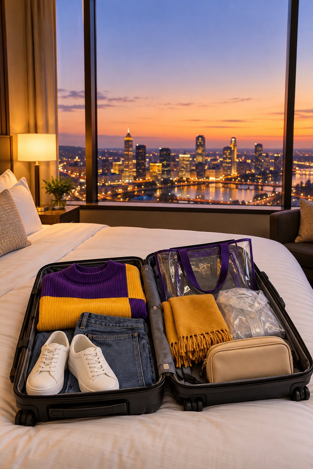 Carry-on suitcase on a hotel bed packed with a purple and gold sweater, jeans, white sneakers, clear tote and gold scarf for a bowl trip