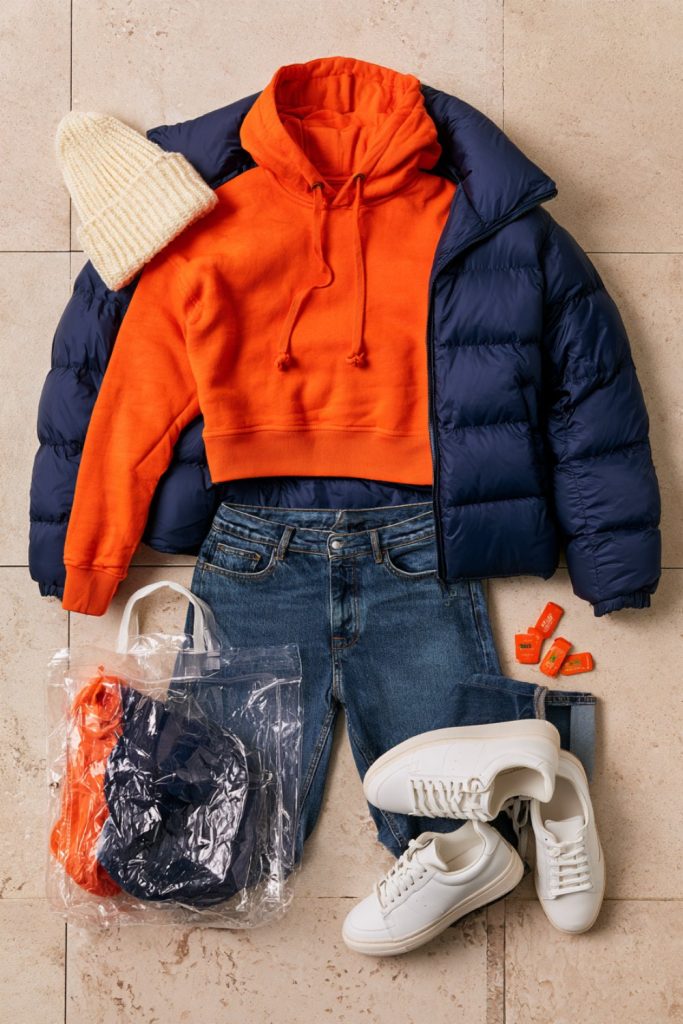 Flat lay of an orange cropped hoodie, navy puffer jacket, jeans and cream beanie with a clear tote