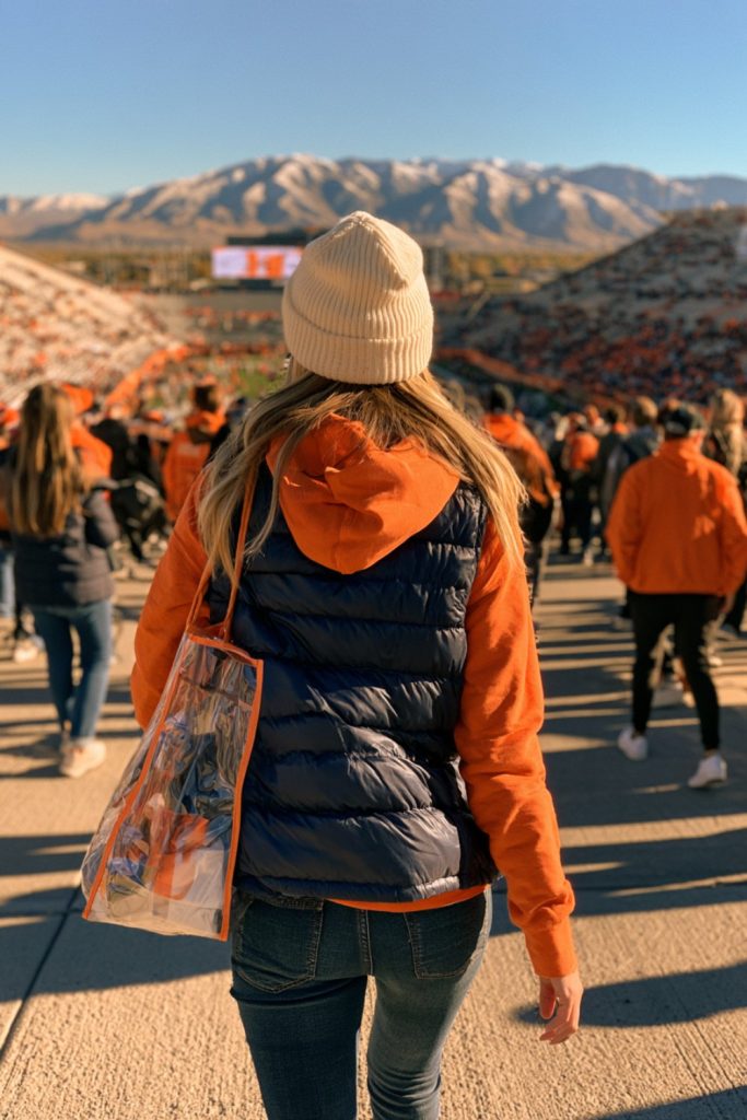 Fan in an orange hoodie, navy vest and cream beanie with a clear bag walking toward the stadium, mountains ahead