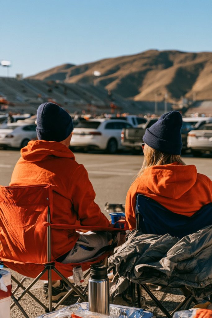 Friends in orange hoodies tailgating in camp chairs with mountains on the horizon, seen from behind