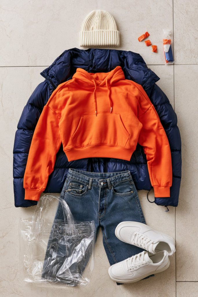 Orange hoodie layered over a navy puffer with jeans and a beanie for a cold Denver game