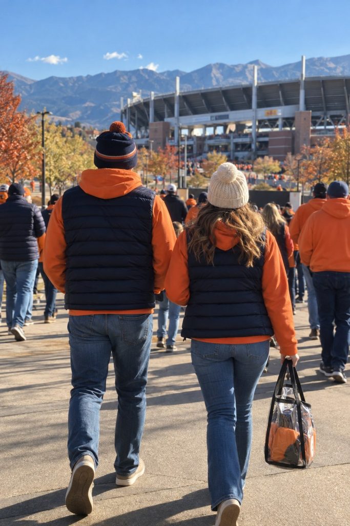Couple in orange hoodies and navy vests walking to the stadium with mountains behind, seen from behind