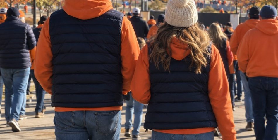 Couple in orange hoodies and navy vests walking to the stadium with mountains behind, seen from behind
