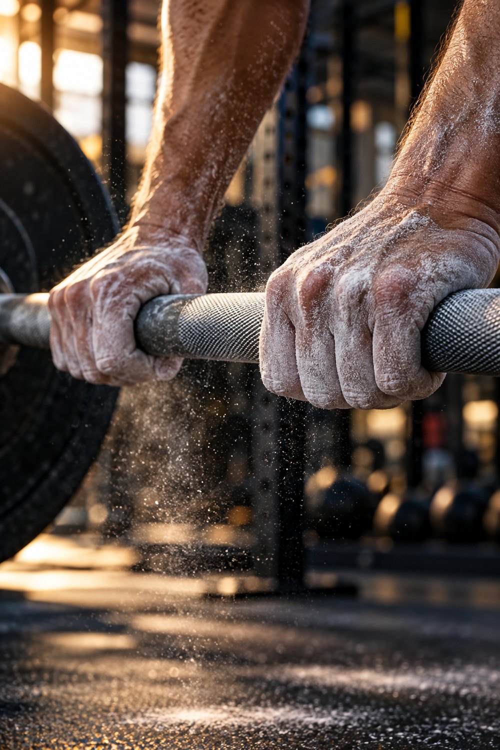 Close-up of chalk-covered hands gripping a knurled barbell with chalk dust in the air