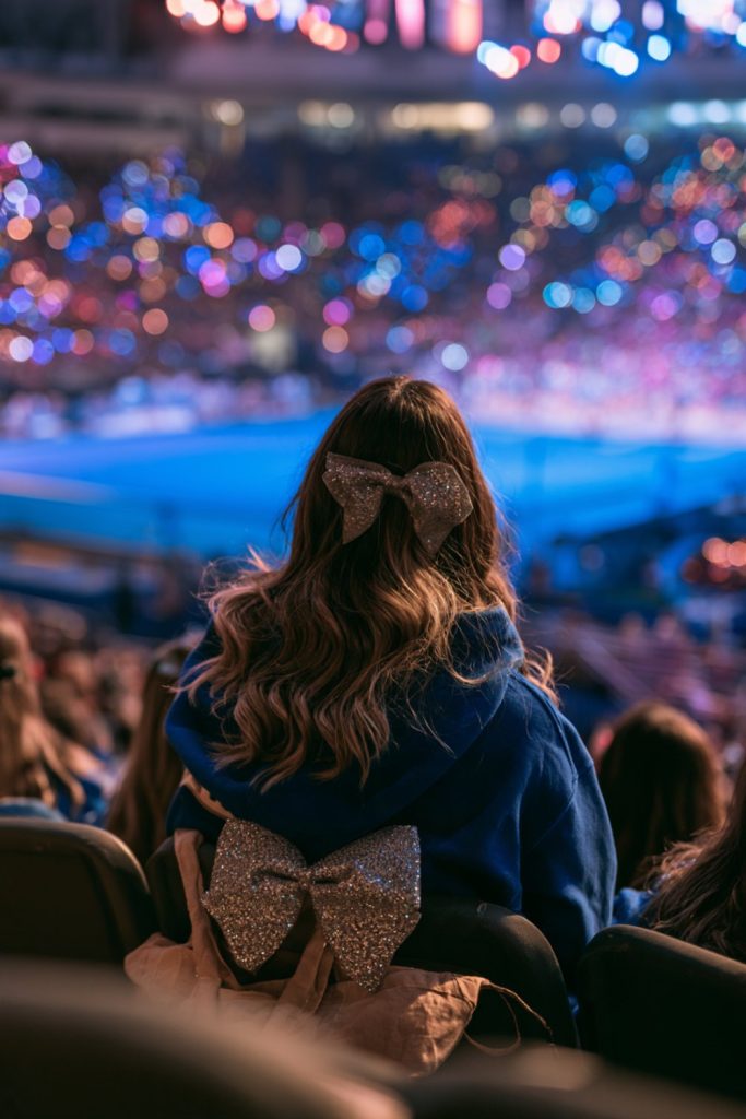 Mom in a blue hoodie seen from behind in packed cheer competition bleachers, glitter bow clipped to her bag