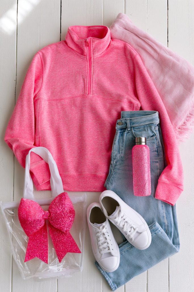 Flat lay of a pink quarter-zip, light wash jeans, white sneakers, clear tote and pink hair bow for a cheer competition day