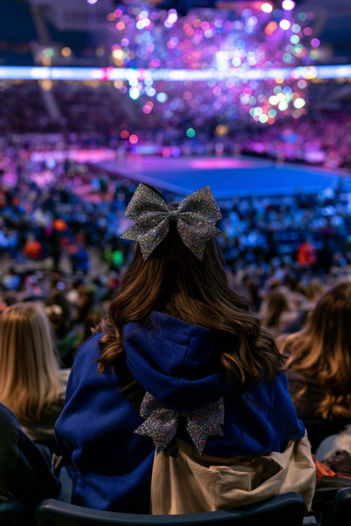 Cheer mom in a royal blue hoodie watching a competition under colorful arena lights, seen from behind