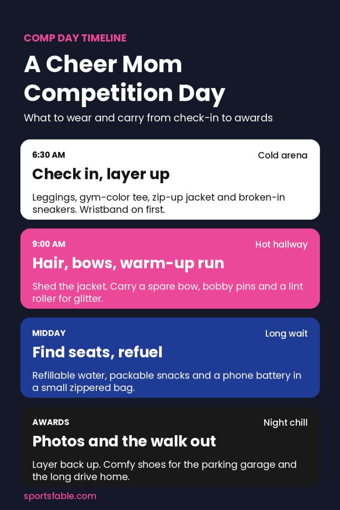 Cheer competition day timeline card showing what a cheer mom should wear and carry from check-in to awards