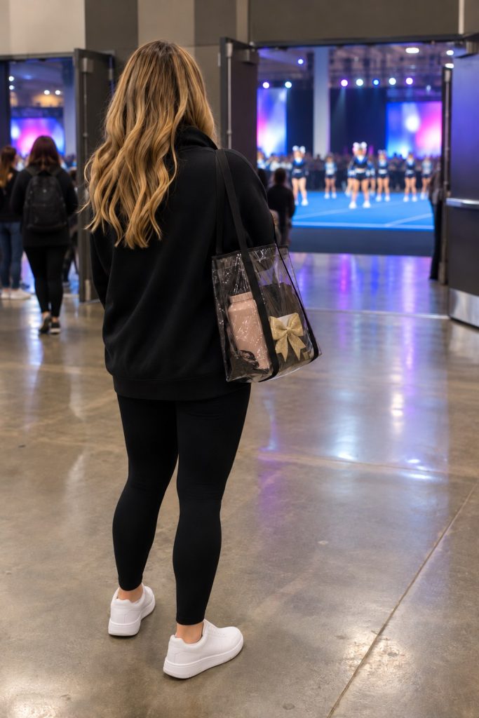 Cheer mom seen from behind in a black quarter-zip, leggings and white sneakers with a clear tote, walking toward a competition arena floor