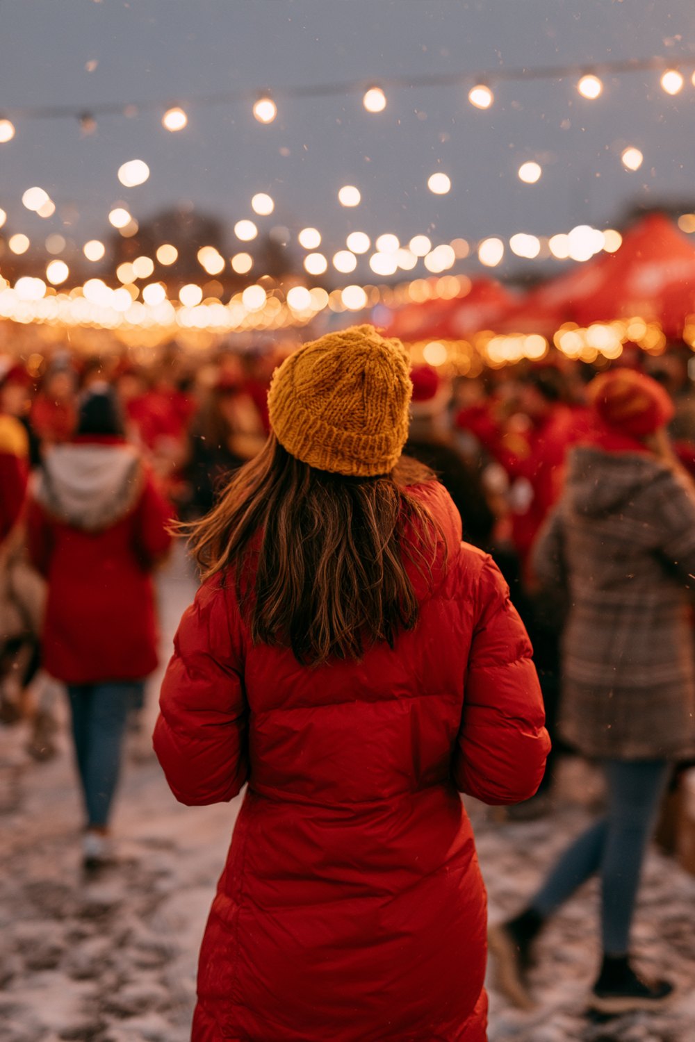 Red puffer coat and gold knit beanie from behind in a red and gold crowd under string lights