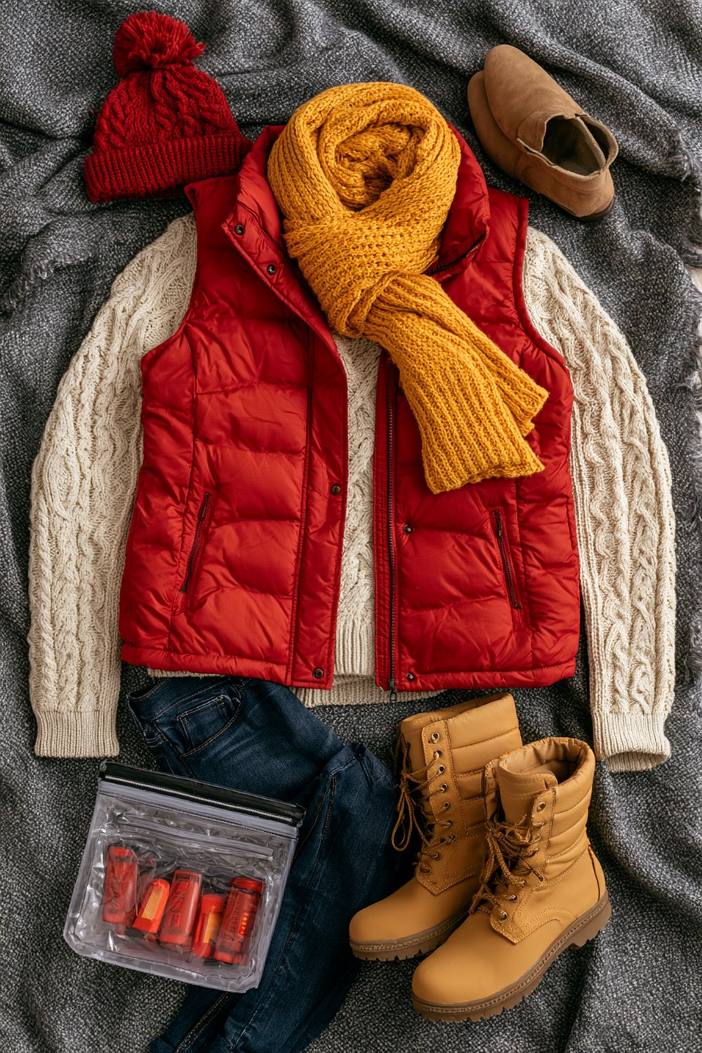Red and gold cold weather layers: red vest over a cream sweater, gold scarf, red beanie and tan boots