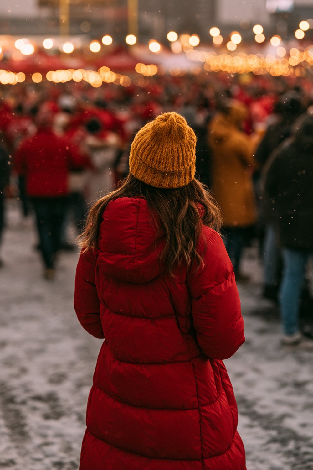 Woman seen from behind in a long red puffer coat and gold beanie at a snowy tailgate