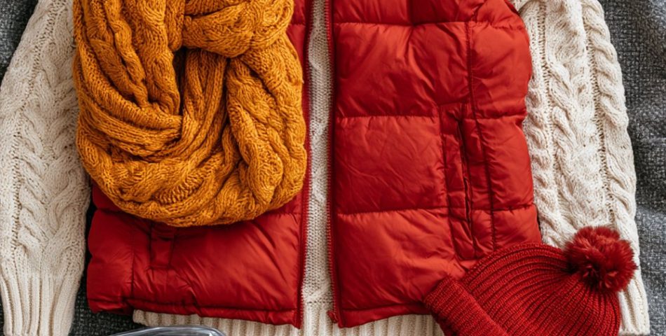 Chiefs game day outfits flat lay with a red puffer vest, cream cable knit sweater, gold scarf, jeans, red beanie and boots