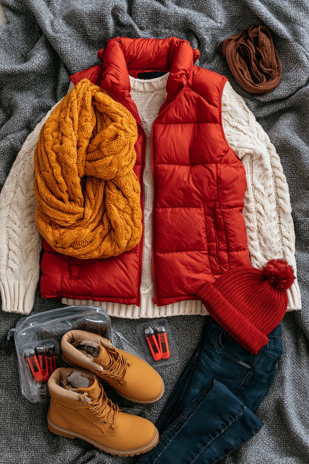 Chiefs game day outfits flat lay with a red puffer vest, cream cable knit sweater, gold scarf, jeans, red beanie and boots