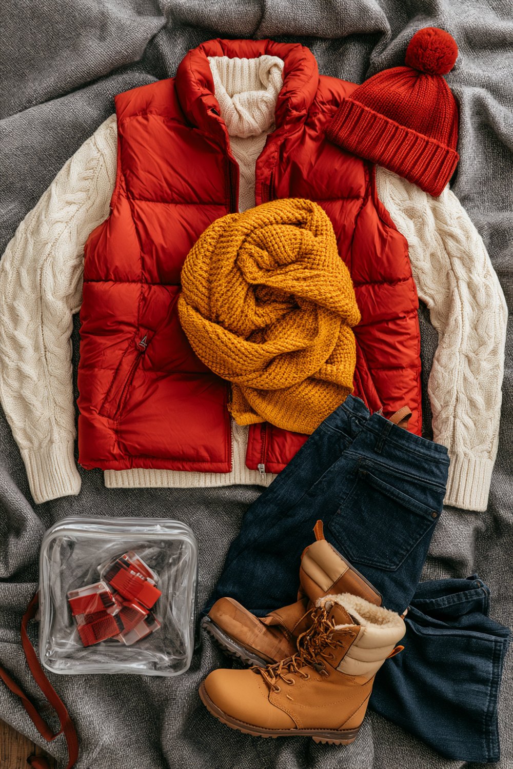 Winter Chiefs look with a red puffer vest, cream knit sweater, jeans and a clear stadium bag
